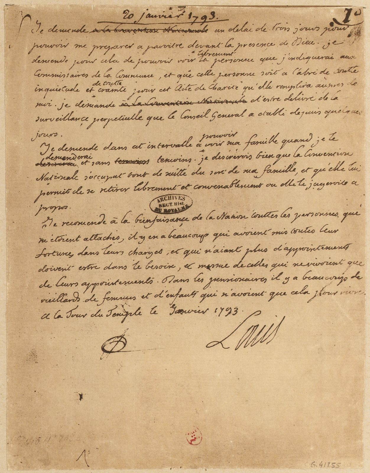 dernière lettre de Louis XVI, datée du 20 janvier 1793