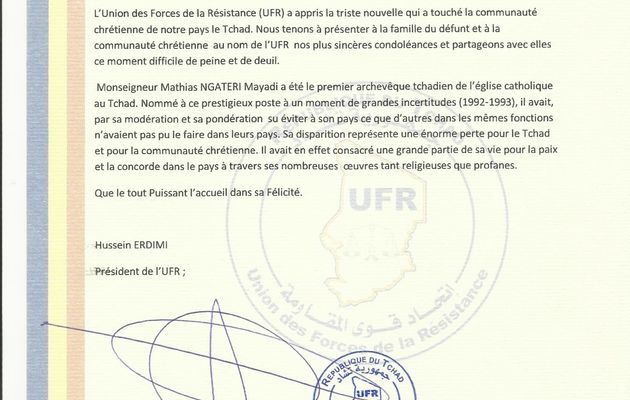Lettre des condoléances de l'UFR à la communauté chrétienne du Tchad