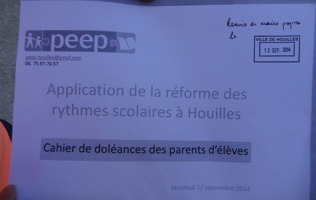 Synthèse PEEP des témoignages et propositions, déposée au secrétariat du Maire de Houilles le vendredi 12 septembre 2014