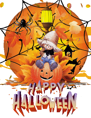 Happy Halloween - petit garçon et chat sur citrouille - gif animé-a