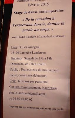 Stage de danse contemporaine, La Grange à Lamothe Landerron, les 20 et 21 février 2015