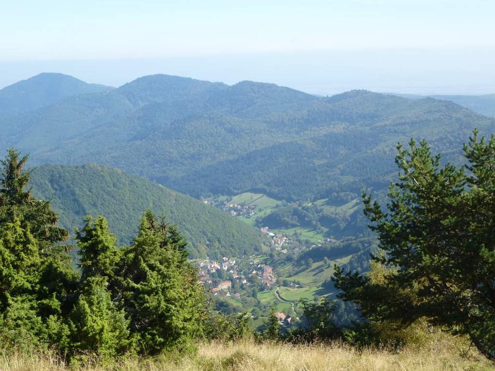 Panorama sur la vallée de Wasserbourg, Colmar, la Forêt-Noire et les Alpes suisses.