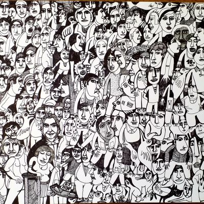 Été  2019, foule en noir et blanc sur papier Canson 24X32