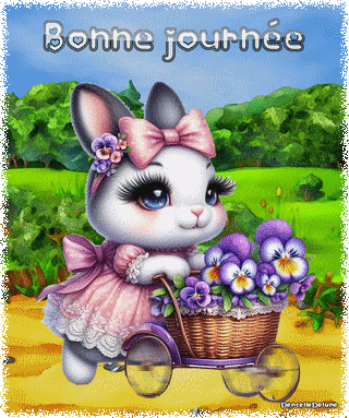 Gif animé bonne journée - mignonne lapine et son chariot de fleurs-a