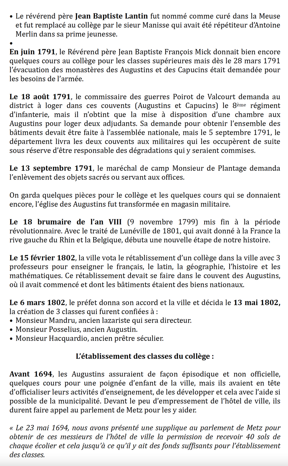 Les Augustins à Thionville -La révolution - Le collège (2ème époque- 5ème et dernière partie)