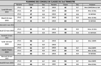 Planning des conseils de classe du second trimestre