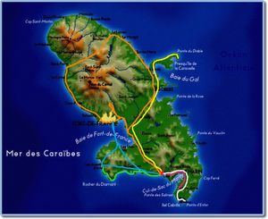 Voici tout d'abord une carte de la Martinique avec les trajets que nous avons effectués. Tout d'abord, le premier jour en rose. Le deuxième jour est représenté en orange, le troisième jour en bleu, le quatrième en jaune, le cinquième en vert et le sixième en blanc. L'hôtel est représenté d'un point rouge.
