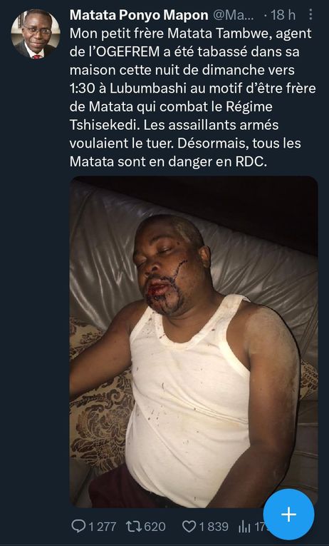 Le frère cadet de matata ponyo, JOHN MATATA agent Ogefrem.victime de la visite d’un groupe de plus de 25 personnes non identifiées dans sa maison à lubumbashi