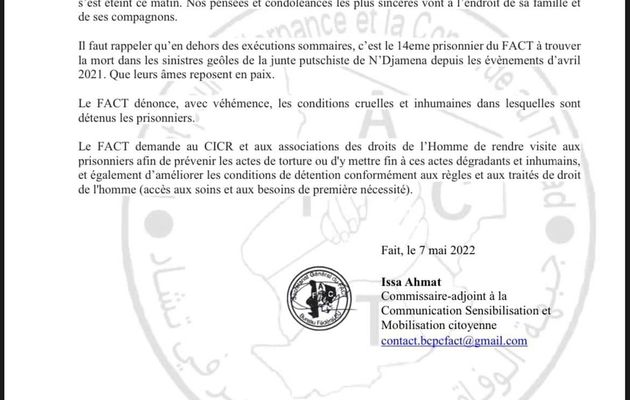 TCHAD : FACT - COMMUNIQUÉ DE PRESSE N*0011/BE/FACT/CC/2022