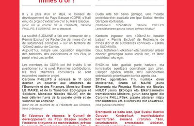 Grande mobilisation générale contre le projet de mines d'or en Pays Basque le samedi 16 sept à 16h à Bayonne