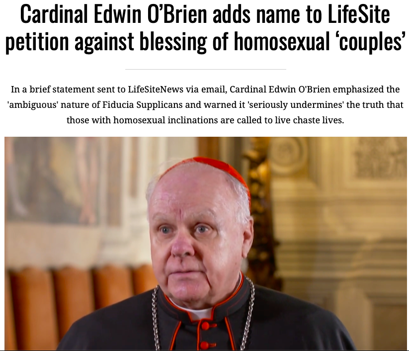 Le cardinal Edwin O’Brien souligne la nature 'ambiguë' de Fiducia Supplicans et avertit qu’elle 'mine sérieusement' la vérité que ceux qui ont des penchants homosexuels sont appelés à vivre une vie chaste.
