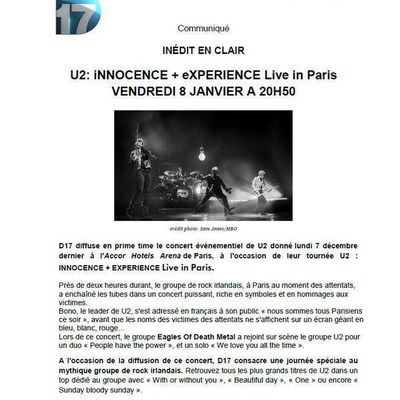 U2 i+e tour live in paris vendredi 8 janvier à 20h50 sur D17