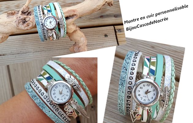 montre en cuir géométrique ethnique couleurs pastels vert d'eau blanc vert noir rose manchette cuir montre femme idée cadeau 34,90E