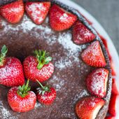 Eggless Double Chocolate Baked Cheesecake with Strawberries