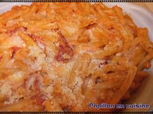 Recette: Gratin de pâtes au chorizo et mozzarella