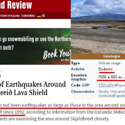 Islande:Une série de 100 tremblements de terre ont frappé la région autour du volcan Skjaldbreið.Il n'y a pas eu de tremblements de terre aussi importants que ceux-ci dans la région autour de Skjaldbreið depuis 1992 et sa dernière éruption date de  7550 ± 500 av. J.-C. 10/12/2017