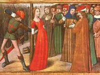 Comme Jeanne, Gilles de Rais fut condamné à la crémation. Remarquez le damier maçonnique présent sur l'enluminure du procès.   