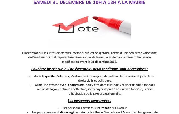 Permanence "inscriptions sur listes électorales" le 31/12 de 10h à 12h à la Mairie