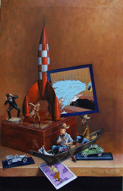 Diverses natures mortes autour de l'univers de Tintin Huile sur toile Bhavsar