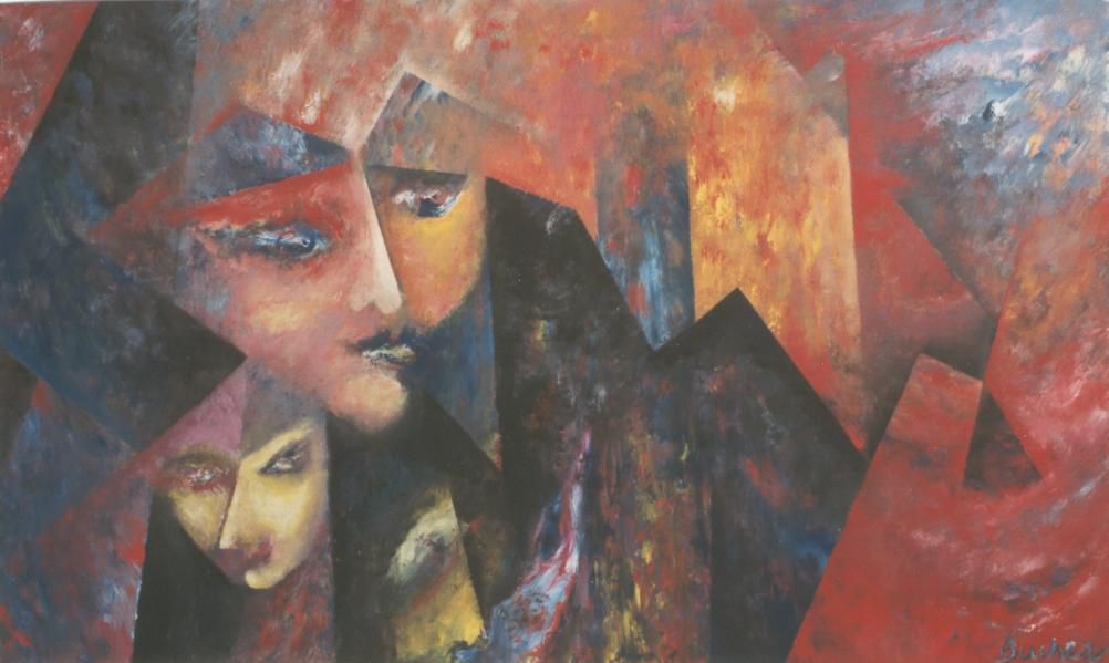 1990 exposition Paris 5/ acrylic sur toile "Tchernobyl" 97/130cm "Ophélie lunatic" 195/130 cm et "Les passagers de l'amour" 97/146 cm 1986