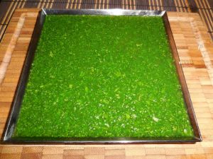 1- Commencer par la réalisation de la gelée d'herbes. Laisser tremper pendant 5 mn les 2 feuilles de gélatine dans l'eau tiède. Laver et mixer les herbes, les verser dans un bol, rajouter l'eau et la gélatine essorée, bien mélanger jusqu'à ce que la gélatine soit complètement dissoute. Mettre le tout dans une petit plat à rebords au réfrigérateur. Laisser prendre tout le temps de la recette.