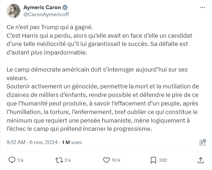 Ce n’est pas Trump qui a gagné. C’est Harris qui a perdu, alors qu’elle avait en face d’elle un candidat d’une telle médiocrité qu’il lui garantissait le succès. Sa défaite est d’autant plus impardonnable.