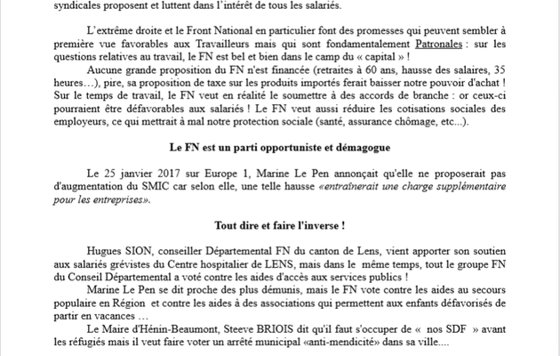 Tract commun CGT, FSU et SOLIDAIRES,contre l’Extrême-Droite dans le Pas-de-Calais.