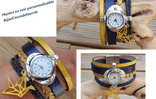 montre femme bijoux bleu marine jaune tendance oiseau origami doré montre cuir femme idée cadeau 29,90E