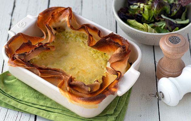 Quiche aux poireaux sur feuilles de brick