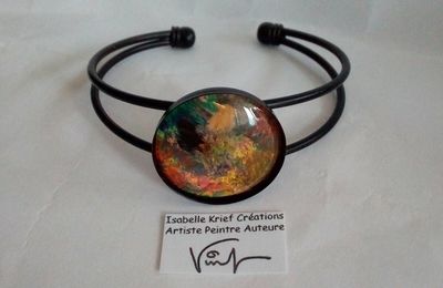 Bracelet jonc,peinture acrylique,rouge vert or jaune noir,bijou d art fait mains en france,art abstrait contemporain fantastique,boho bobo gothique art deco nouveau,cadeau fete anniversaire,homme femme unisex lgbt