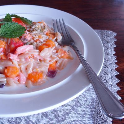 Pâtes aux tomates, carottes, saumon 