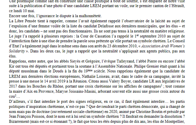 Candidate voilée à Montpellier et instrumentalisation politique ,le communiqué de la Libre Pensée de l'Hérault