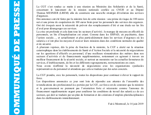 COMMUNIQUÉ CGT SANTÉ ET ACTION SOCIALE. Sous la pression du mouvement dans les services d’urgences, Madame Buzyn annonce ses premières mesures pour le personnel.