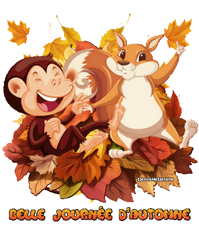 Joyeux petits singe et écureuil - gif animé bonne journée d'automne