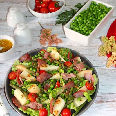 Salade de pommes de terre , haricots verts et bacon ( pour 1 pers)