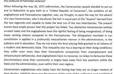 Revendications des camerounais Anglophones, Marafa Hamidou Yaya declare :" les camerounais Anglophones dénoncent à raison la trahison de l'esprit du pacte d'unification établi en 1972..."