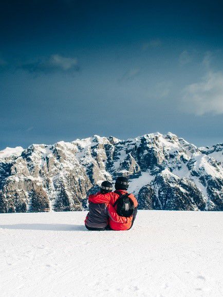 Un couple assis sur la neige