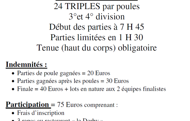 Challenge Paul FOREST 24 Triples 3/4 par Poules à St-Symphorien sur Coise le samedi 22 avril 2023 à 7H45