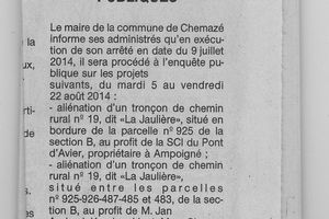 Chemazé: Tiens une enquête publique pour aliéner des tronçons de chemins