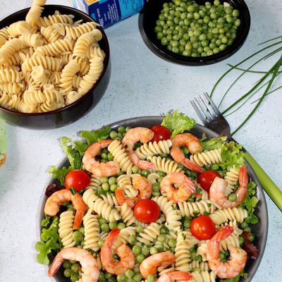 Salade de Fusilli, petits pois et crevettes (pour 1 pers)