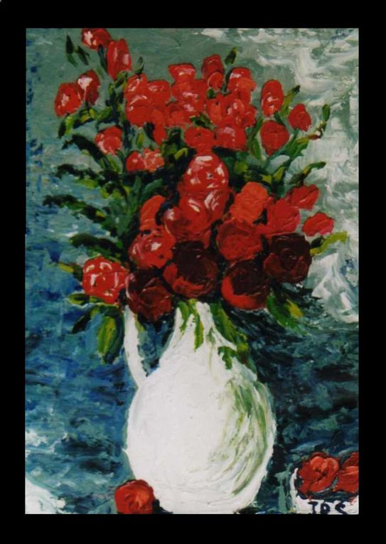 Peintures à l'huile sur chassis, paysages marins,arrangement floral.Travail au couteau et pinceau.