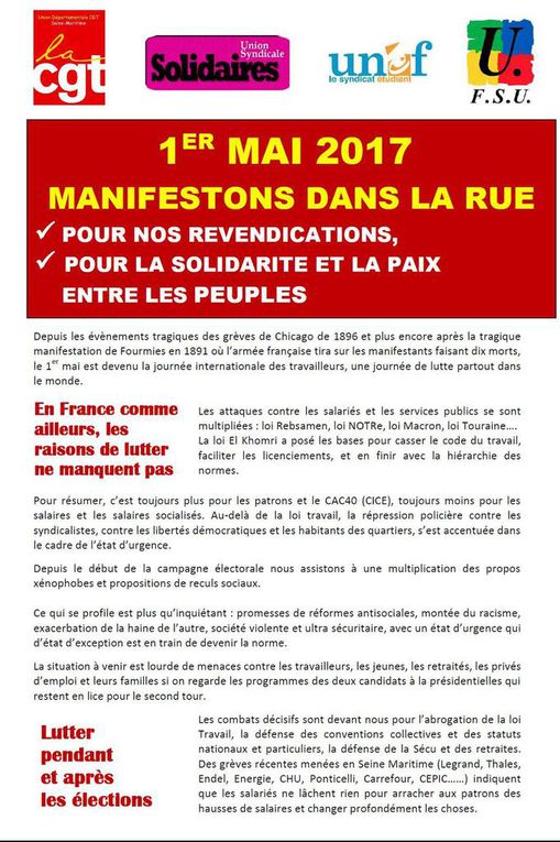 1er Mai 2017 en Seine-Maritime - Manifestations à Rouen, Le Havre, Dieppe, Elbeuf, Fécamp, Le Tréport, Le Trait - A l'appel de la CGT, de la FSU, de Solidaires, de l'UNEF