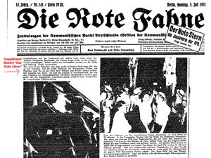 CLIQUEZ SUR L'IMAGE POUR PLEINEMENT LA VISUALISER! Deux Afro-Américains, Thomas Shipp et Abram Smith, sont battus à mort puis pendus le 7 août 1930 à Marion, dans l’Indiana. Der Rote Stern (l'étoile rouge), le supplément illustré de l'édition de Die Rote Fahne (Le Drapeau rouge), journal du KPD (Parti communiste d'Allemagne), du 5 juillet 1931 publie la photo des suppliciés Thomas Shipp et Abram Smith. A gauche de l'image, au premier plan, un camarade Noir, puis Ernst Thälmann (président du KPD) et un délégué chinois lors d'une journée de solidarité de l'IAH (Internationale Arbeiterhilfe. En français : Secours ouvrier international)