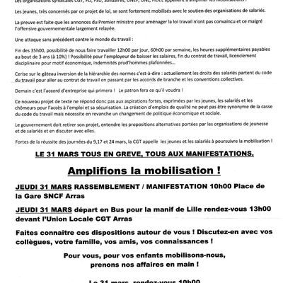 Arras: journée de grève et de manifestation le 31 mars