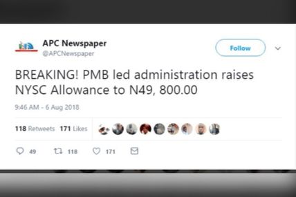 NYSC says Corps members Allowance increase from 19k to N48,900 is a rumor.
