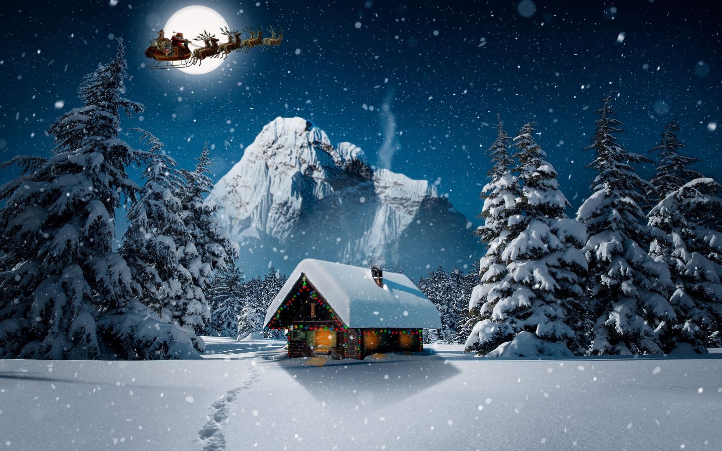 Chalet Montagne Sapins Neige Hiver Pere Noel Traineau Nuit Neige Wallpaper Free Le Monde Des Gifs