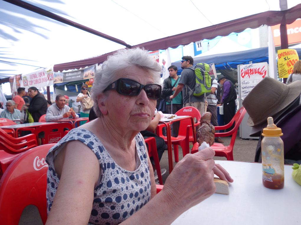 Nous dégustons de très bonnes brochettes d'agneau et de porc ainsi qu'une soupe de fruits de mer. Des fours en terre on été installés pour cuire les empanadas. Ensuite nous allons voir et écouter les danseurs de Cueca, danse typique chilienne.