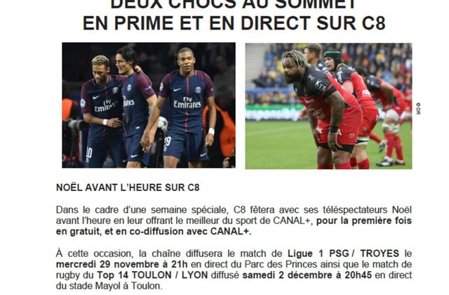 PSG - Troyes et RCT - Lyon diffusés en clair sur C8.