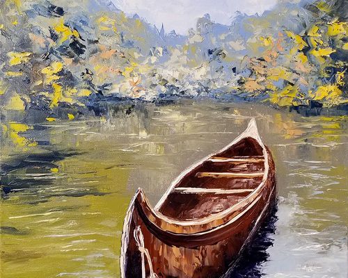 Dessin et peinture - vidéo 3008 : Peindre le canoë sur la rivière 2/2 - peinture au couteau.