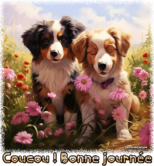 Bonne journée - coucou - chiens animés - fleurs - gif